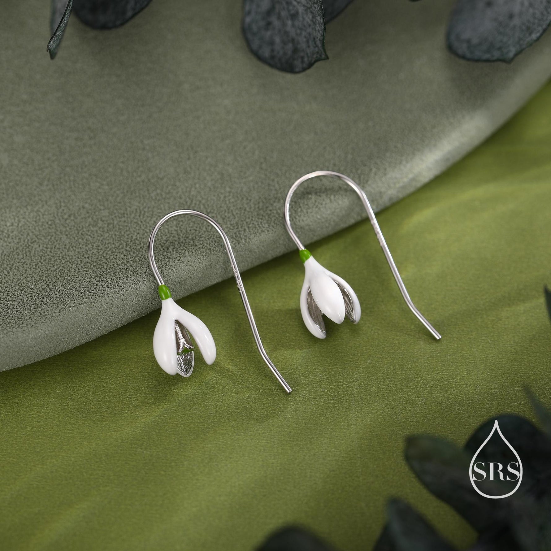 Enamel Painted Snowdrop Flower Drop Earrings in Sterling Silver, Nature Inspired Flower Earrings, January Birth Flower, Botanical