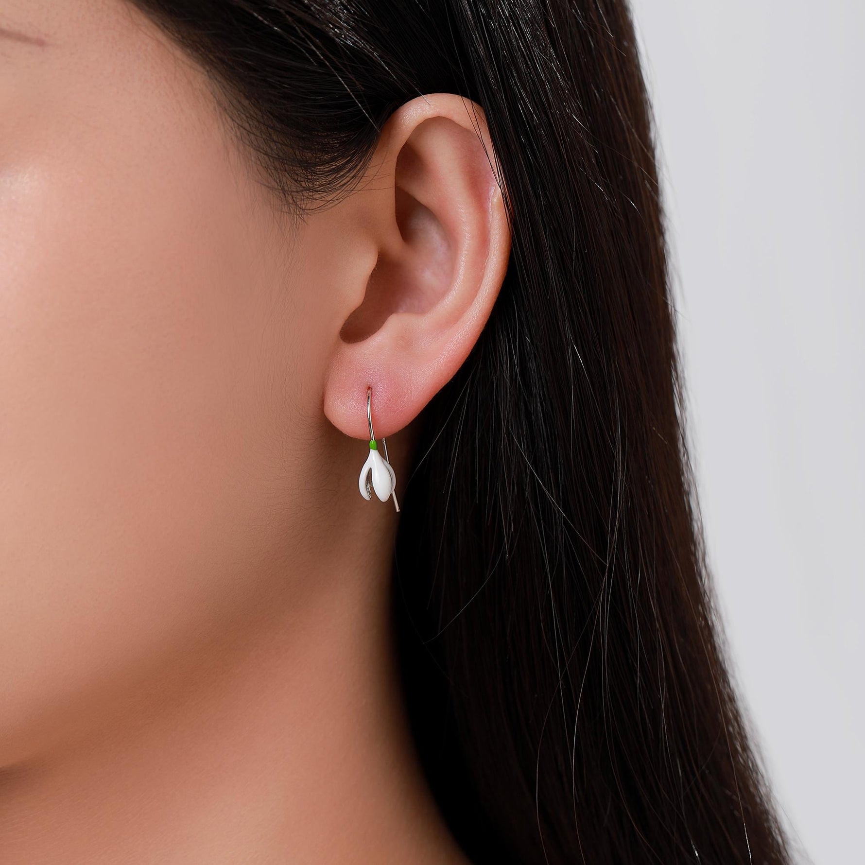 Enamel Painted Snowdrop Flower Drop Earrings in Sterling Silver, Nature Inspired Flower Earrings, January Birth Flower, Botanical