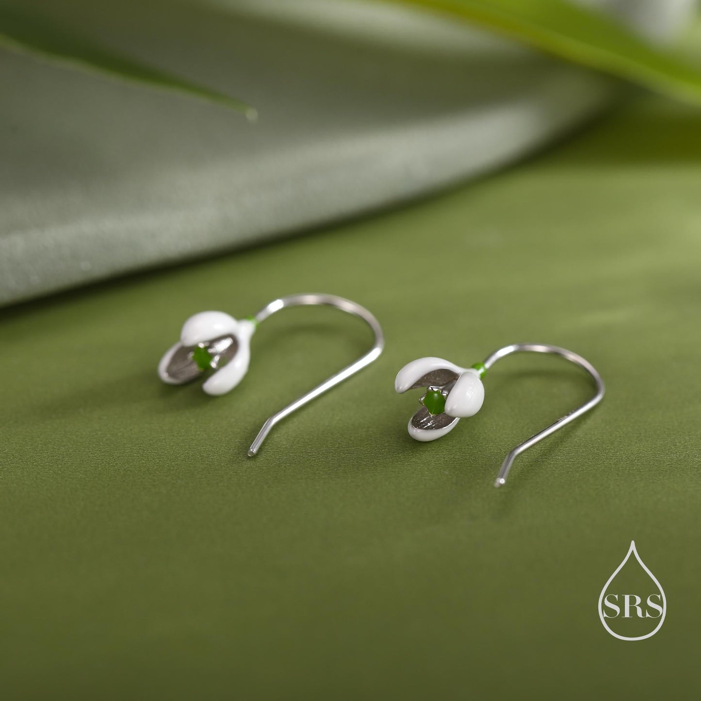 Enamel Painted Snowdrop Flower Drop Earrings in Sterling Silver, Nature Inspired Flower Earrings, January Birth Flower, Botanical