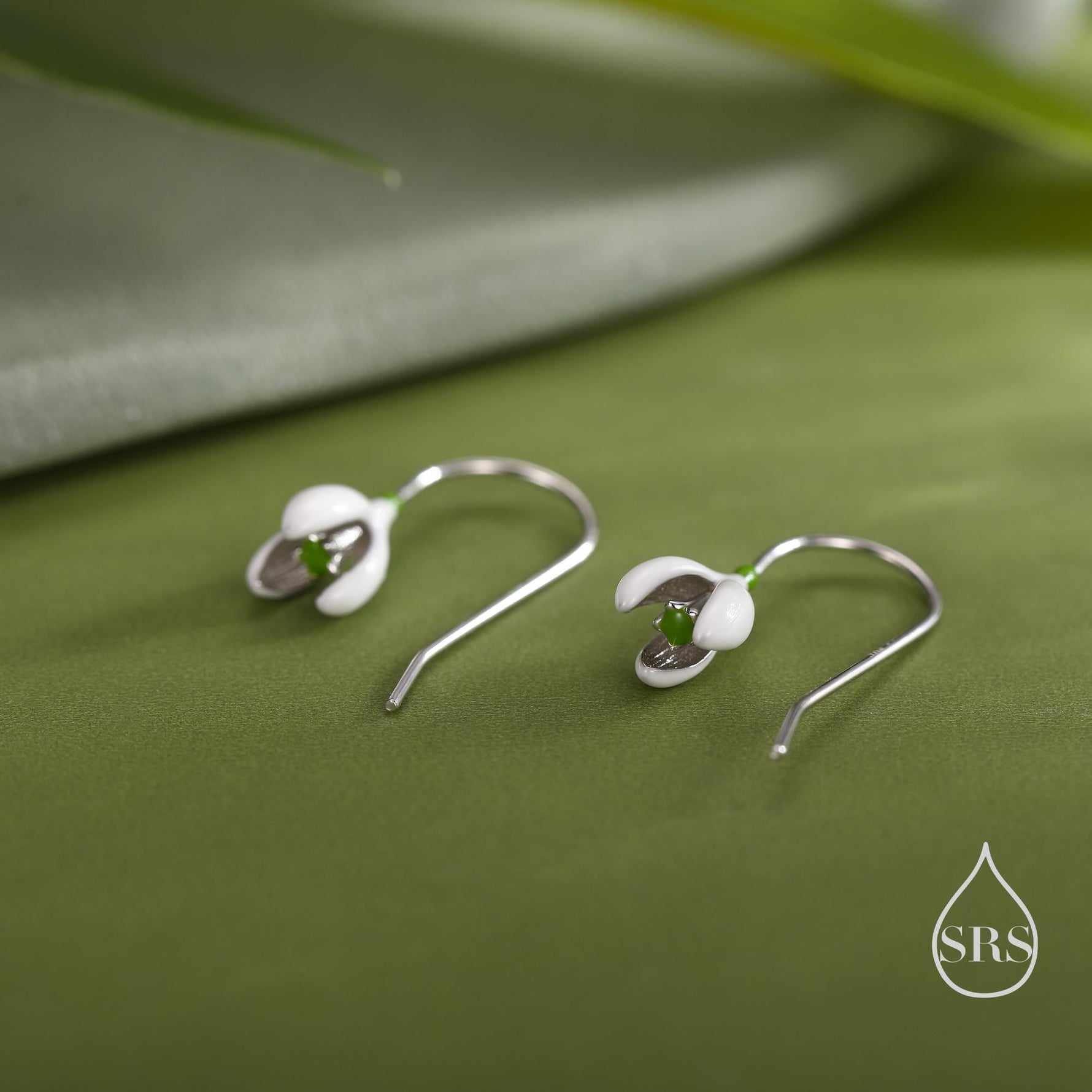 Enamel Painted Snowdrop Flower Drop Earrings in Sterling Silver, Nature Inspired Flower Earrings, January Birth Flower, Botanical