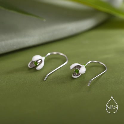 Enamel Painted Snowdrop Flower Drop Earrings in Sterling Silver, Nature Inspired Flower Earrings, January Birth Flower, Botanical