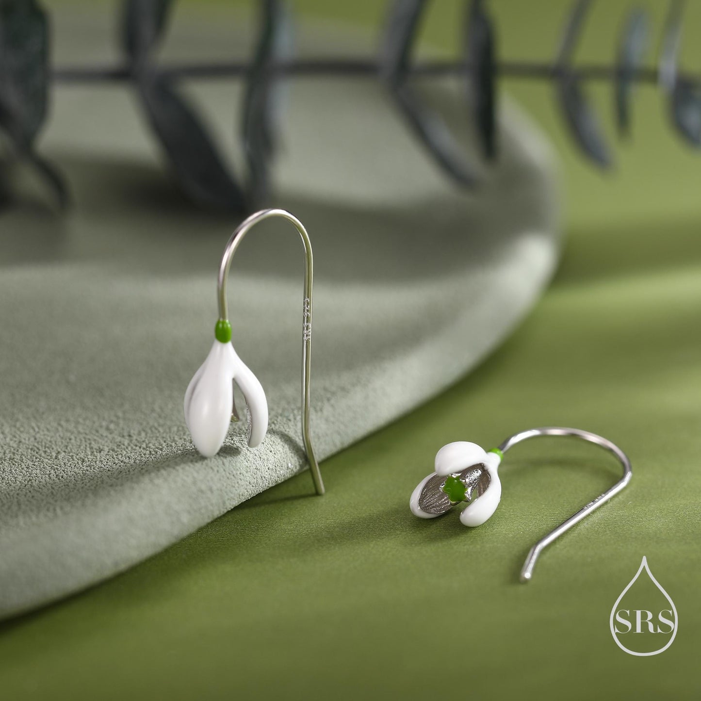 Enamel Painted Snowdrop Flower Drop Earrings in Sterling Silver, Nature Inspired Flower Earrings, January Birth Flower, Botanical
