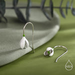 Enamel Painted Snowdrop Flower Drop Earrings in Sterling Silver, Nature Inspired Flower Earrings, January Birth Flower, Botanical