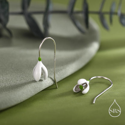 Enamel Painted Snowdrop Flower Drop Earrings in Sterling Silver, Nature Inspired Flower Earrings, January Birth Flower, Botanical
