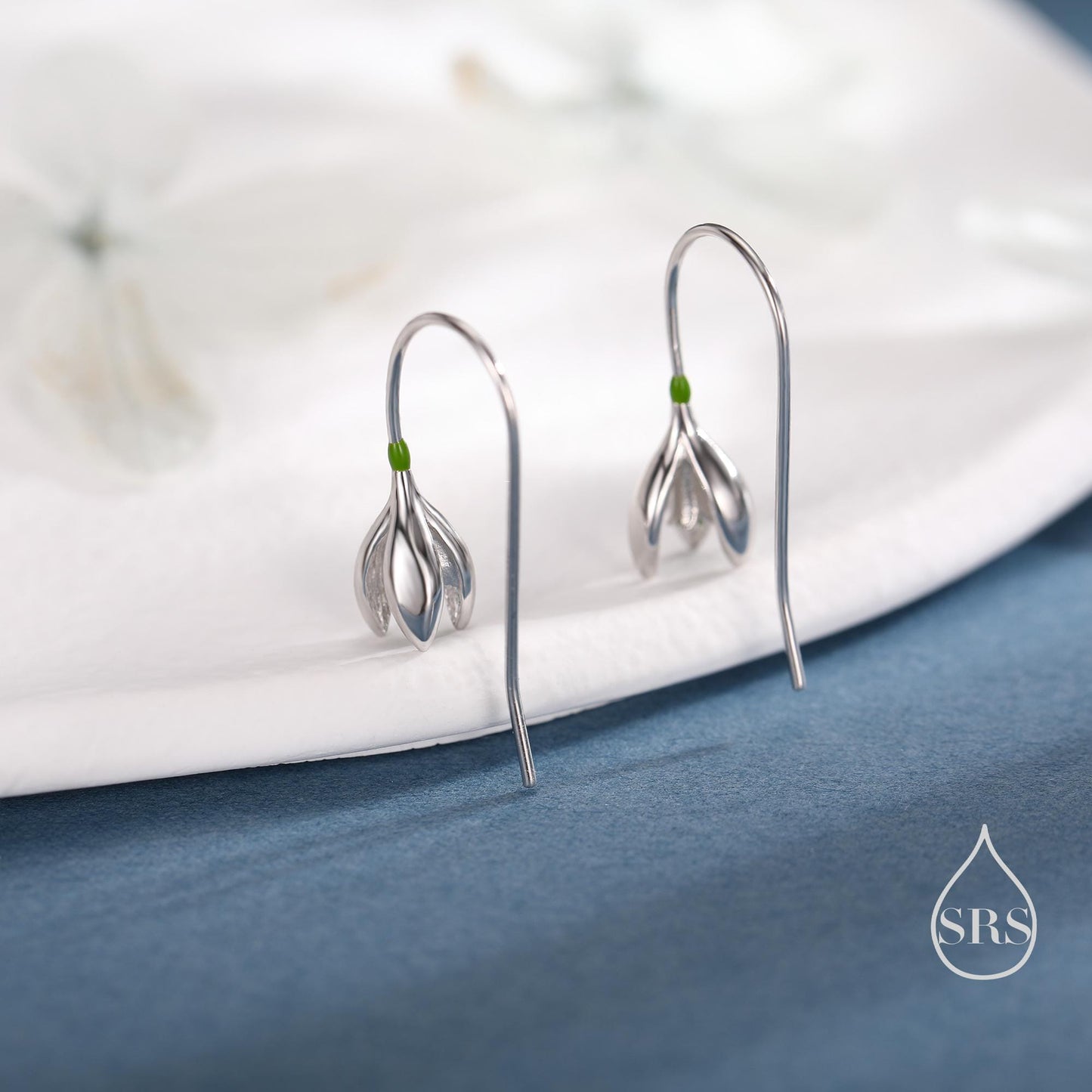 Green Enamel Painted Snowdrop Flower Drop Earrings in Sterling Silver, Nature Inspired Flower Earrings, January Birth Flower, Botanical