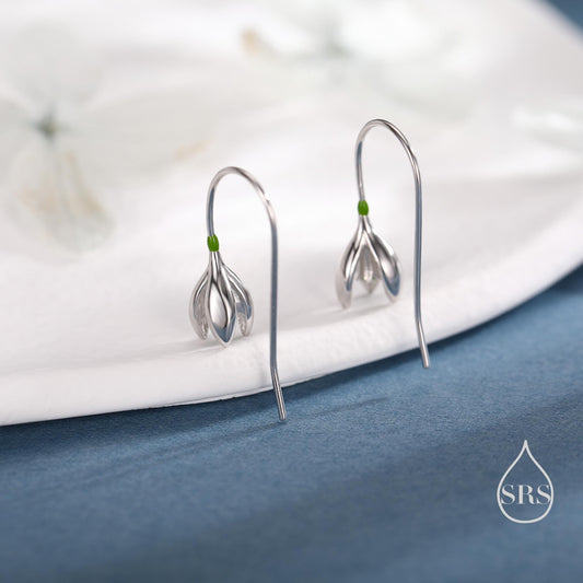 Green Enamel Painted Snowdrop Flower Drop Earrings in Sterling Silver, Nature Inspired Flower Earrings, January Birth Flower, Botanical