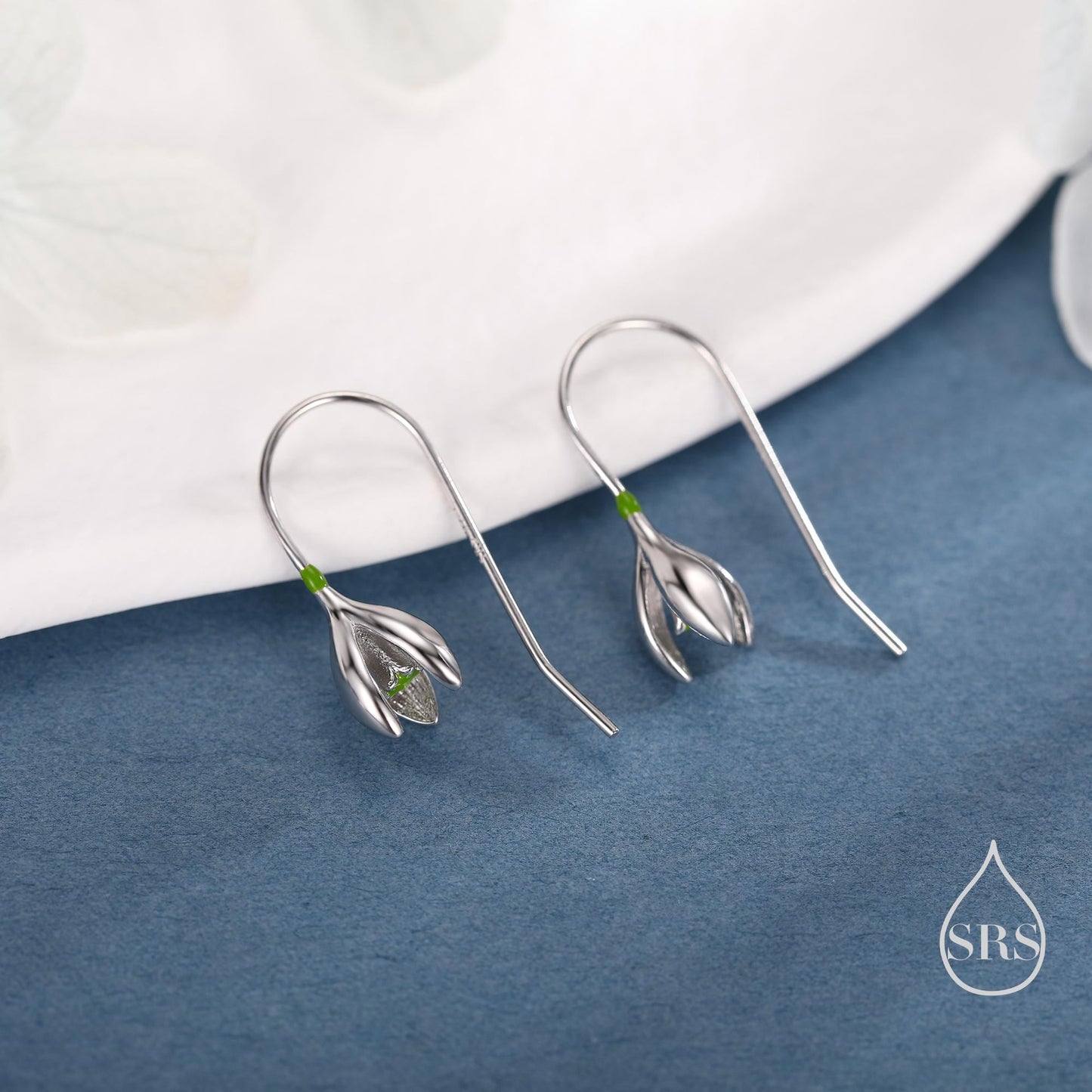 Green Enamel Painted Snowdrop Flower Drop Earrings in Sterling Silver, Nature Inspired Flower Earrings, January Birth Flower, Botanical