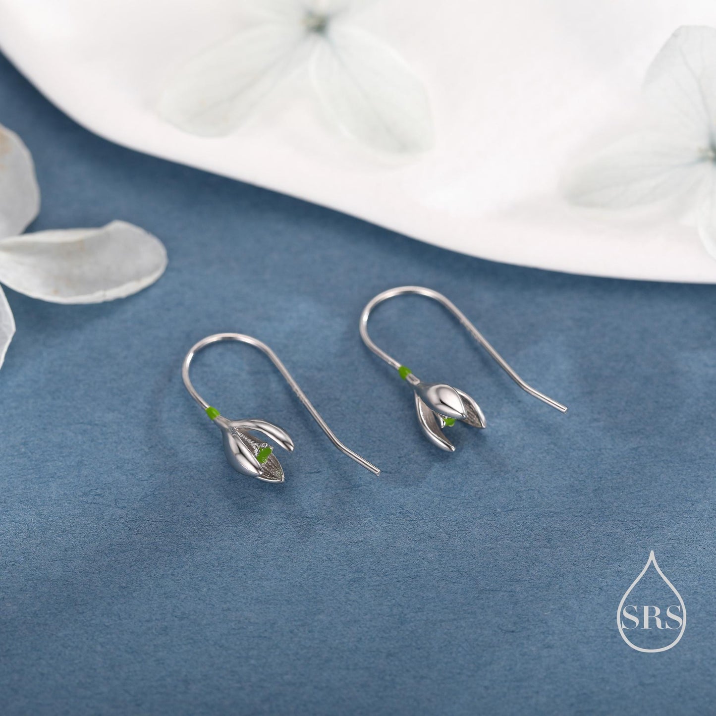 Green Enamel Painted Snowdrop Flower Drop Earrings in Sterling Silver, Nature Inspired Flower Earrings, January Birth Flower, Botanical