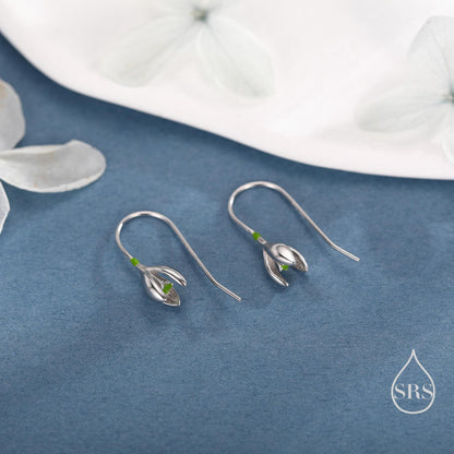 Green Enamel Painted Snowdrop Flower Drop Earrings in Sterling Silver, Nature Inspired Flower Earrings, January Birth Flower, Botanical