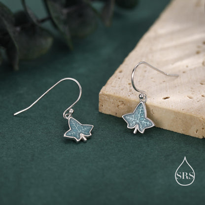 Enamel Ivy Leaf Drop Hook Earrings in Sterling Silver, Nature Inspired Leaf Earrings