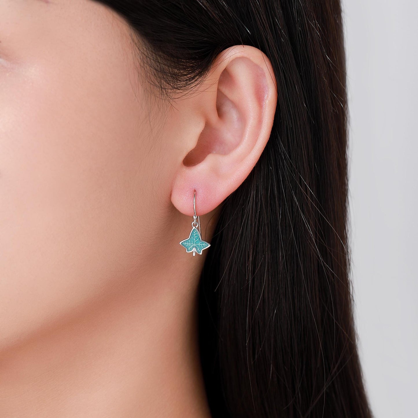 Enamel Ivy Leaf Drop Hook Earrings in Sterling Silver, Nature Inspired Leaf Earrings