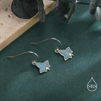 Enamel Ivy Leaf Drop Hook Earrings in Sterling Silver, Nature Inspired Leaf Earrings
