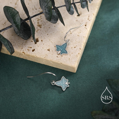 Enamel Ivy Leaf Drop Hook Earrings in Sterling Silver, Nature Inspired Leaf Earrings
