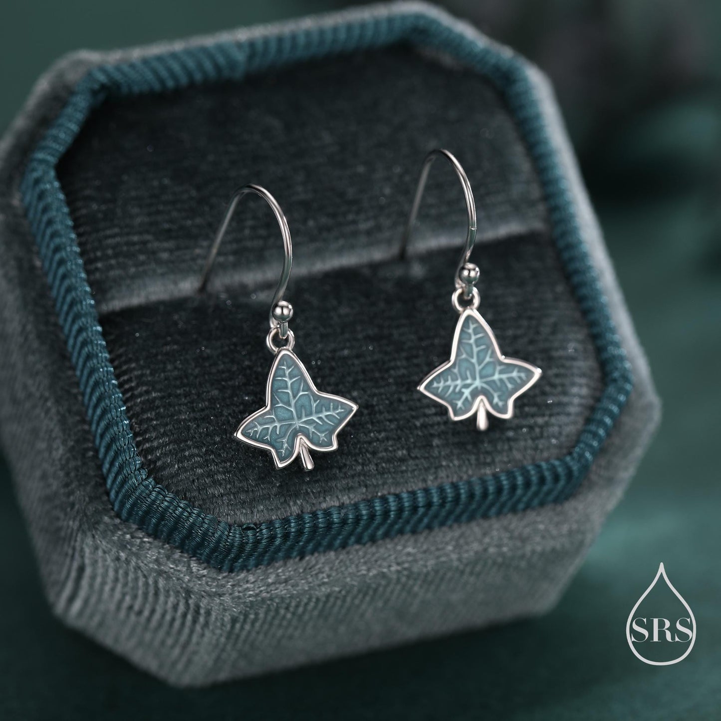Enamel Ivy Leaf Drop Hook Earrings in Sterling Silver, Nature Inspired Leaf Earrings
