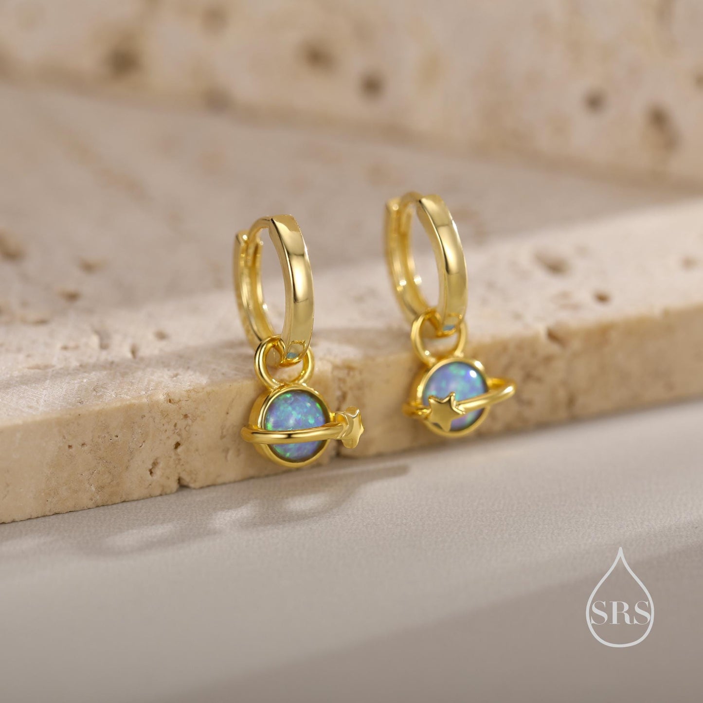 Blue Opal Planet and Star Huggie Hoop Earrings in Sterling Silver, Silver or Gold, Simulated Opal, Detachable Charms, Saturn Earrings