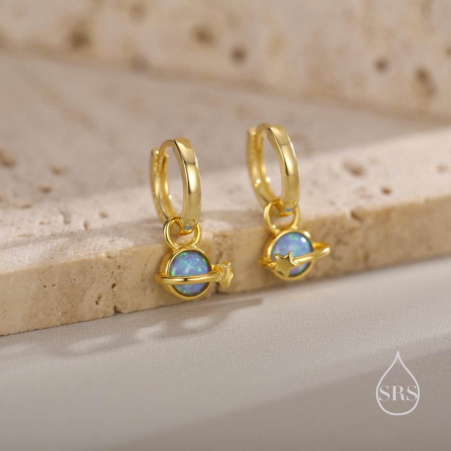 Blue Opal Planet and Star Huggie Hoop Earrings in Sterling Silver, Silver or Gold, Simulated Opal, Detachable Charms, Saturn Earrings