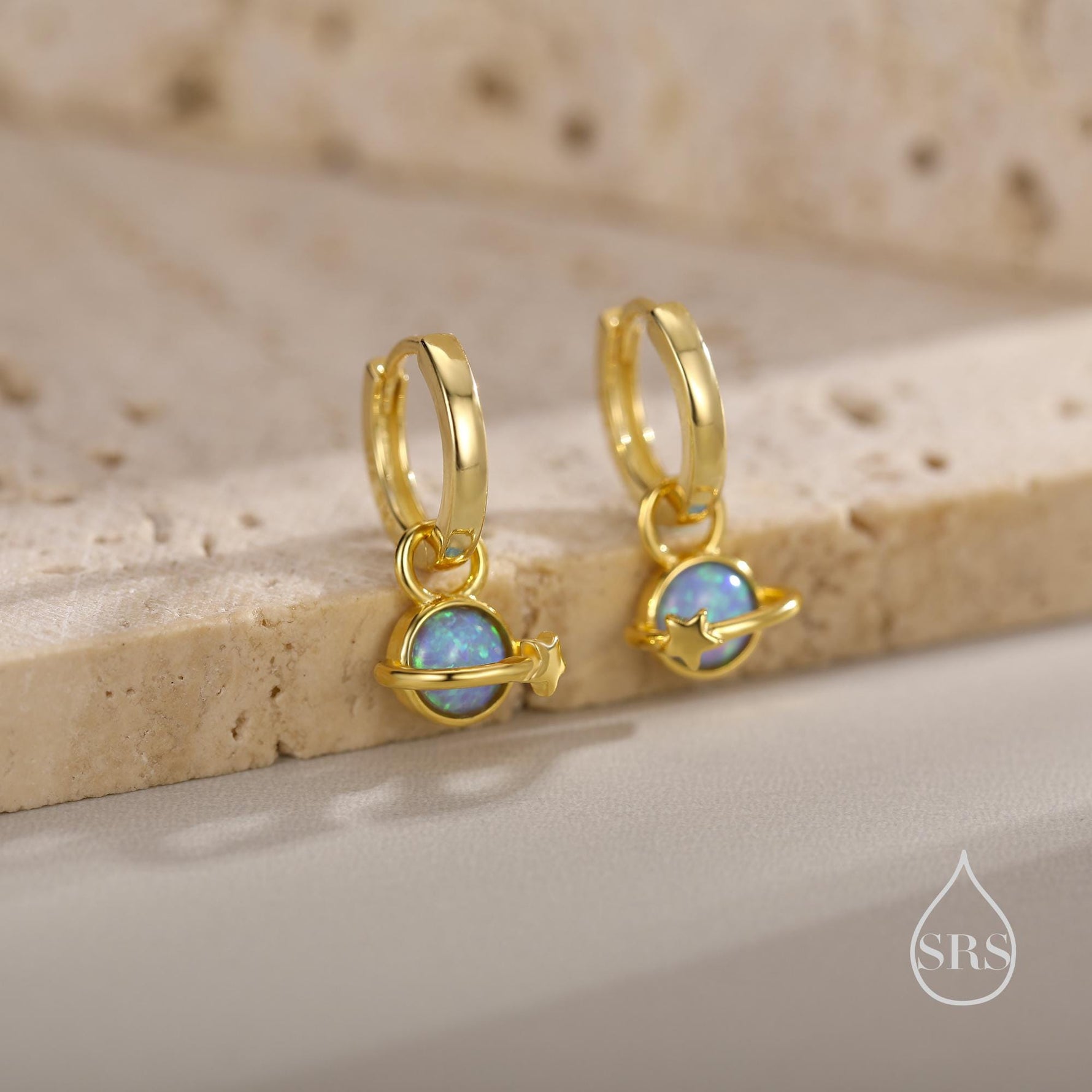 Blue Opal Planet and Star Huggie Hoop Earrings in Sterling Silver, Silver or Gold, Simulated Opal, Detachable Charms, Saturn Earrings