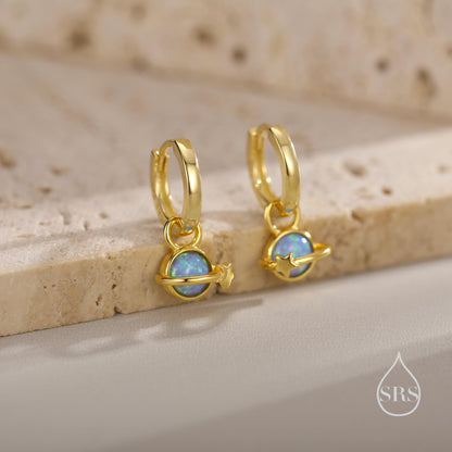 Blue Opal Planet and Star Huggie Hoop Earrings in Sterling Silver, Silver or Gold, Simulated Opal, Detachable Charms, Saturn Earrings