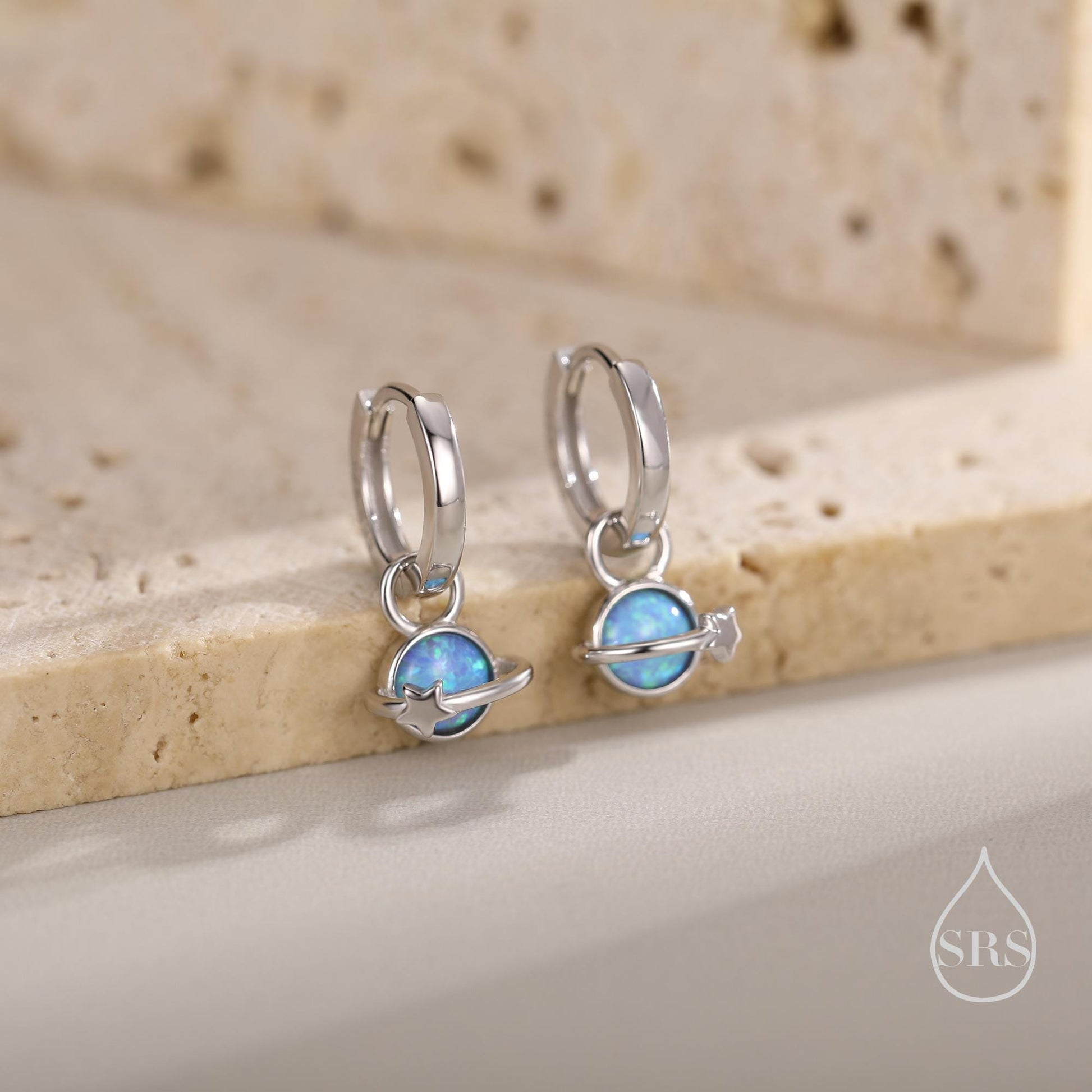 Blue Opal Planet and Star Huggie Hoop Earrings in Sterling Silver, Silver or Gold, Simulated Opal, Detachable Charms, Saturn Earrings