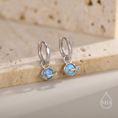 Blue Opal Planet and Star Huggie Hoop Earrings in Sterling Silver, Silver or Gold, Simulated Opal, Detachable Charms, Saturn Earrings