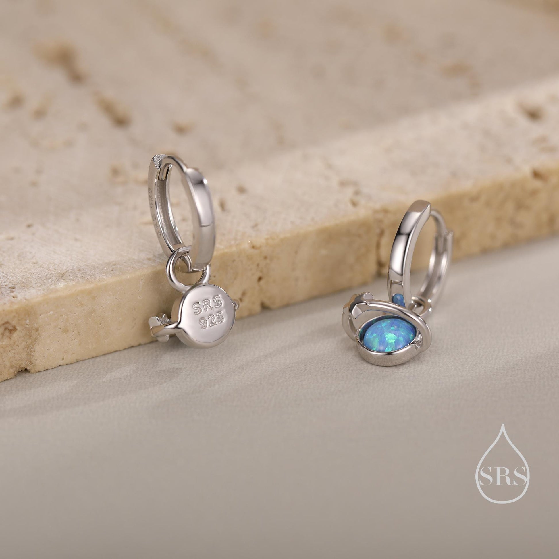 Blue Opal Planet and Star Huggie Hoop Earrings in Sterling Silver, Silver or Gold, Simulated Opal, Detachable Charms, Saturn Earrings