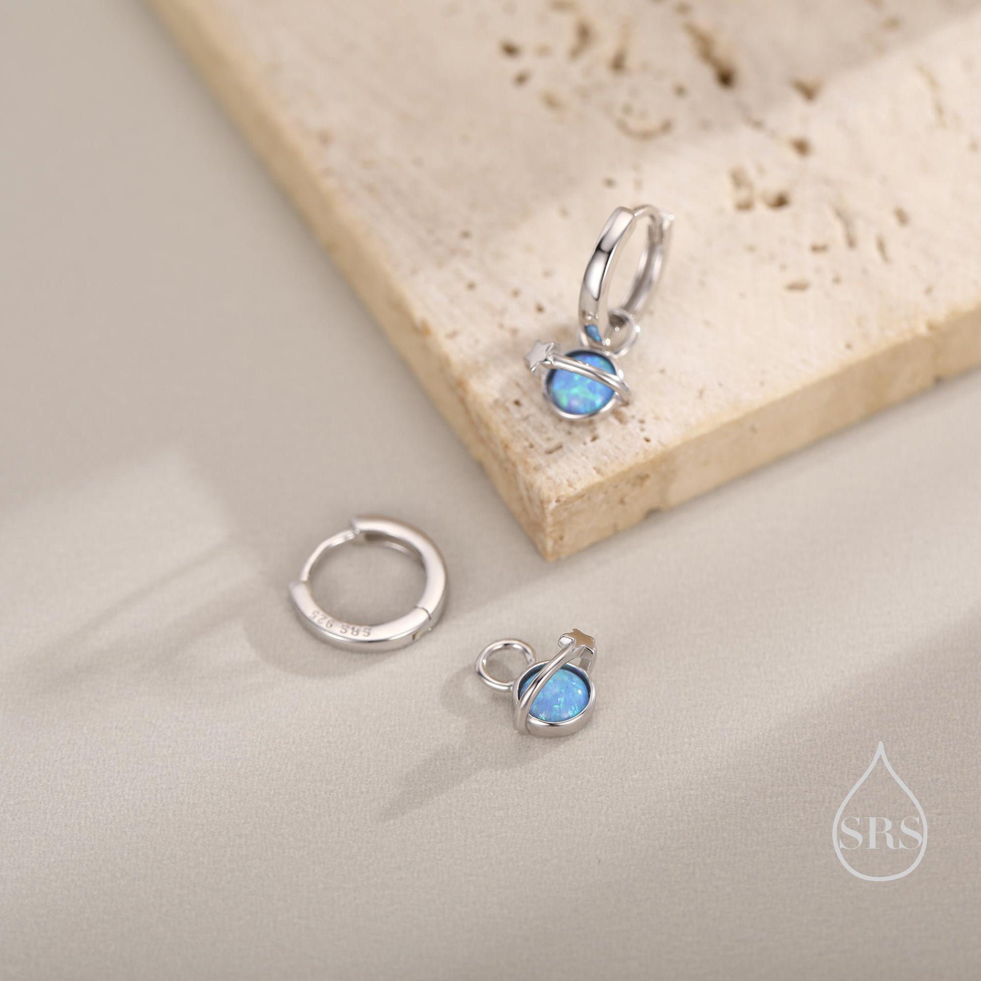 Blue Opal Planet and Star Huggie Hoop Earrings in Sterling Silver, Silver or Gold, Simulated Opal, Detachable Charms, Saturn Earrings