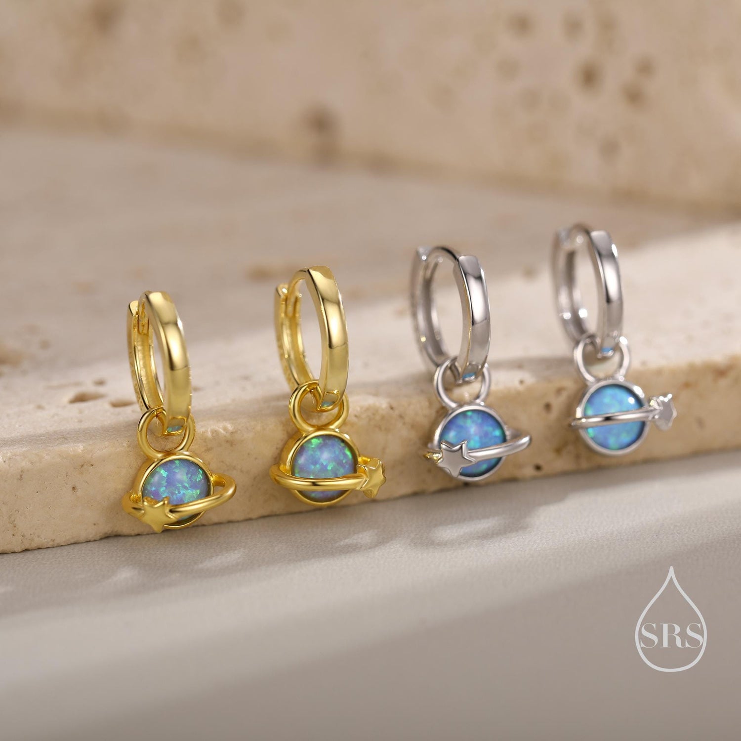 Blue Opal Planet and Star Huggie Hoop Earrings in Sterling Silver, Silver or Gold, Simulated Opal, Detachable Charms, Saturn Earrings