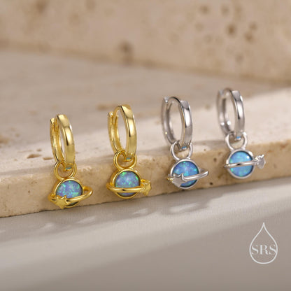 Blue Opal Planet and Star Huggie Hoop Earrings in Sterling Silver, Silver or Gold, Simulated Opal, Detachable Charms, Saturn Earrings
