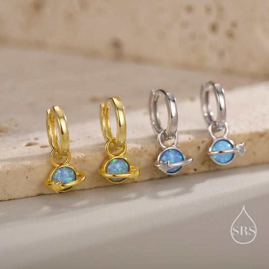 Blue Opal Planet and Star Huggie Hoop Earrings in Sterling Silver, Silver or Gold, Simulated Opal, Detachable Charms, Saturn Earrings