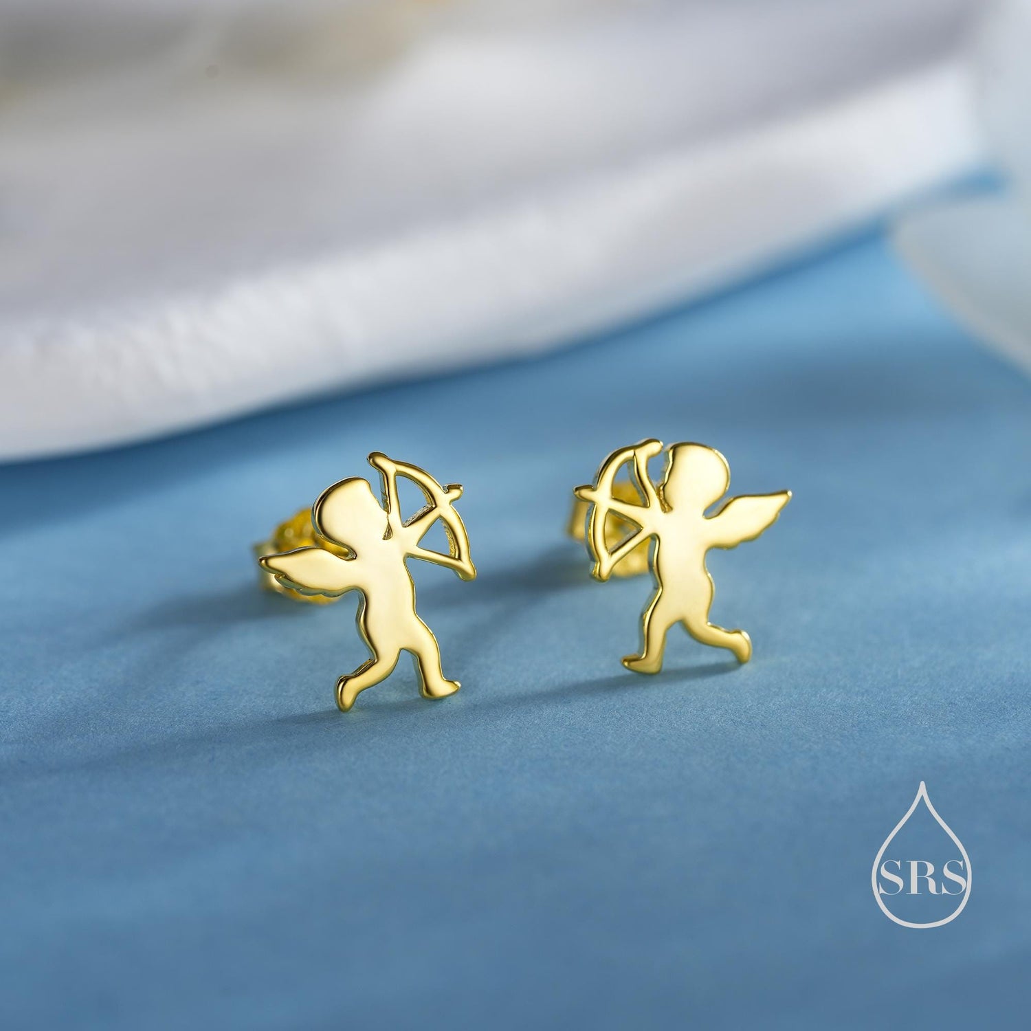 Tiny Cupid Angel Stud Earrings in Sterling Silver, Silver, Gold or Rose Gold, Chrub Stud Earrings, Silver Angel Earrings