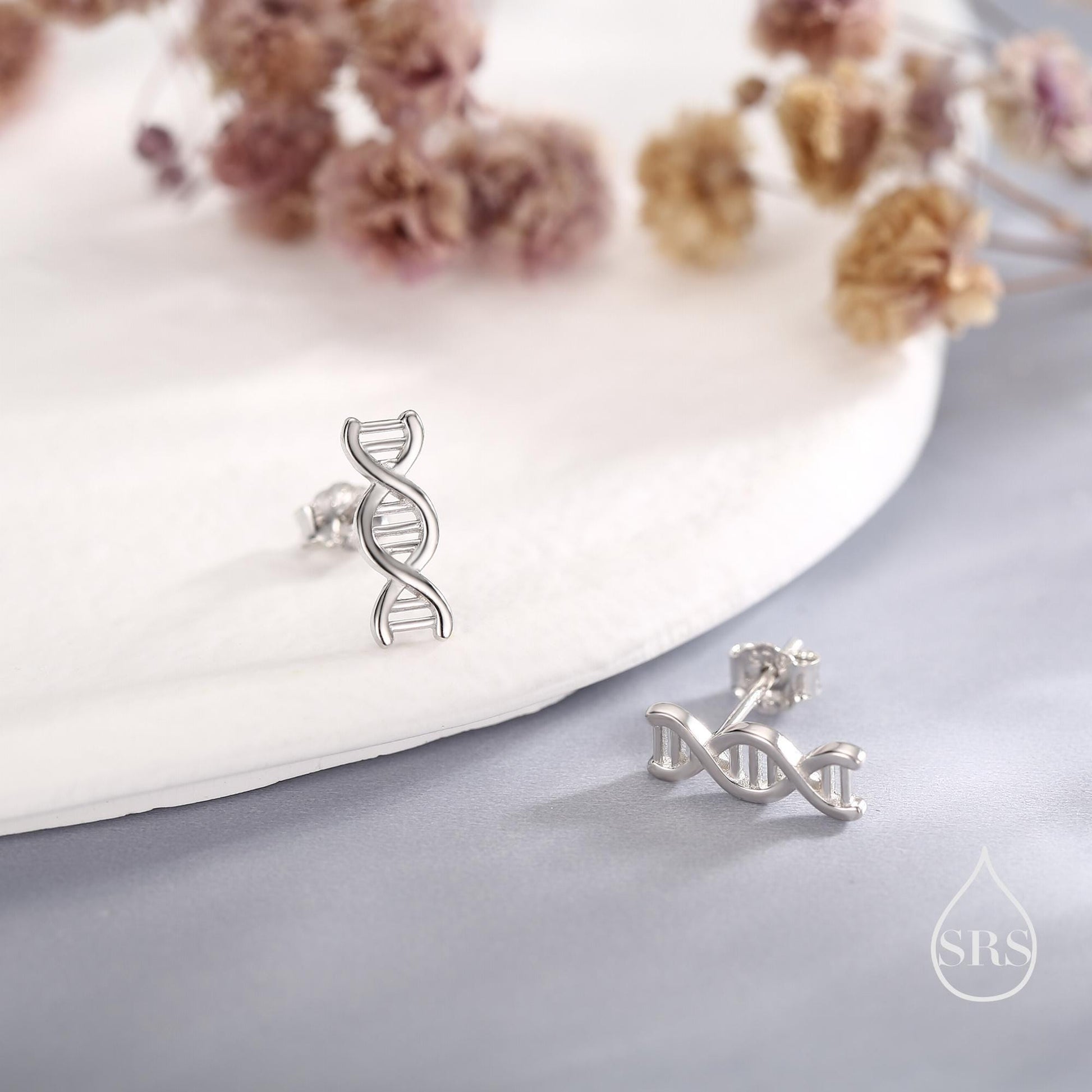 DNA Molecular Structure Stud Earrings in Sterling Silver, Available in Silver, Gold or Rose Gold Finish, Cute Fun Quirky Science Jewellery