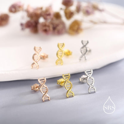 DNA Molecular Structure Stud Earrings in Sterling Silver, Available in Silver, Gold or Rose Gold Finish, Cute Fun Quirky Science Jewellery