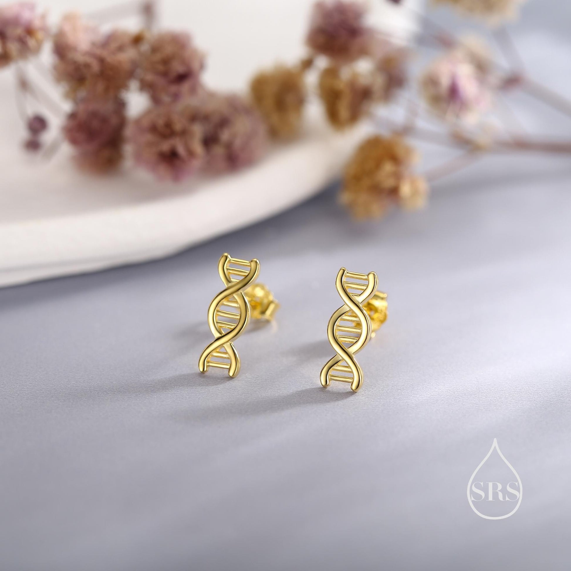 DNA Molecular Structure Stud Earrings in Sterling Silver, Available in Silver, Gold or Rose Gold Finish, Cute Fun Quirky Science Jewellery