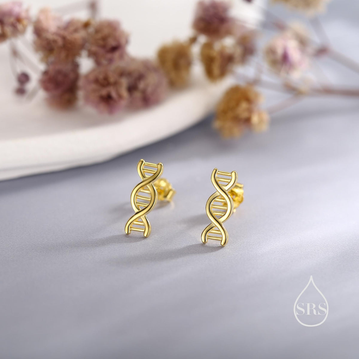 DNA Molecular Structure Stud Earrings in Sterling Silver, Available in Silver, Gold or Rose Gold Finish, Cute Fun Quirky Science Jewellery
