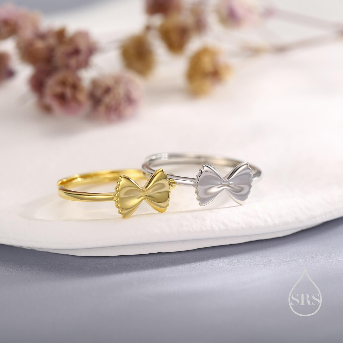 Sterling Silver Farfalle Pasta Ring, Silver or Gold Finish Adjustable Size, Food Jewellery, Pasta Ring, Fun and Quirky Design