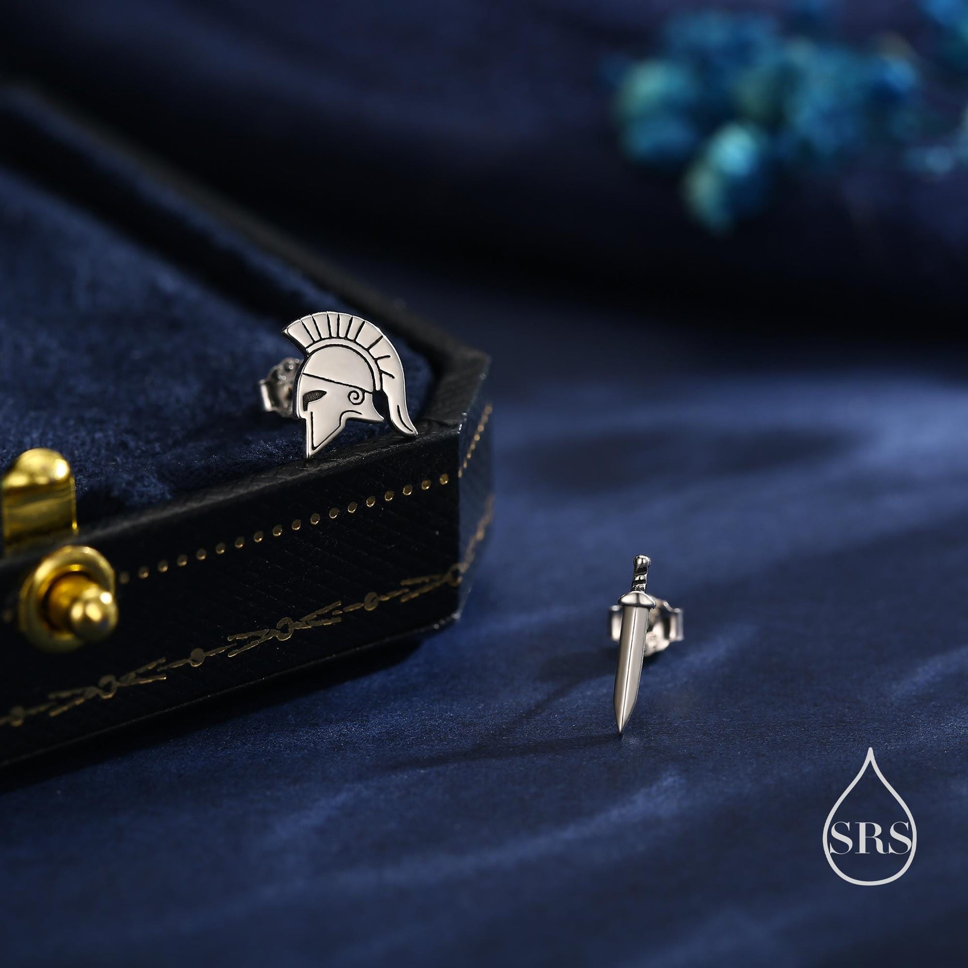Sterling Silver Mismatched Spartan Helmet and Sword Stud Earrings, Silver or Gold or Rose Gold, Minimalist Asymmetric Roman Warrior Design