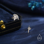 Sterling Silver Mismatched Spartan Helmet and Sword Stud Earrings, Silver or Gold or Rose Gold, Minimalist Asymmetric Roman Warrior Design
