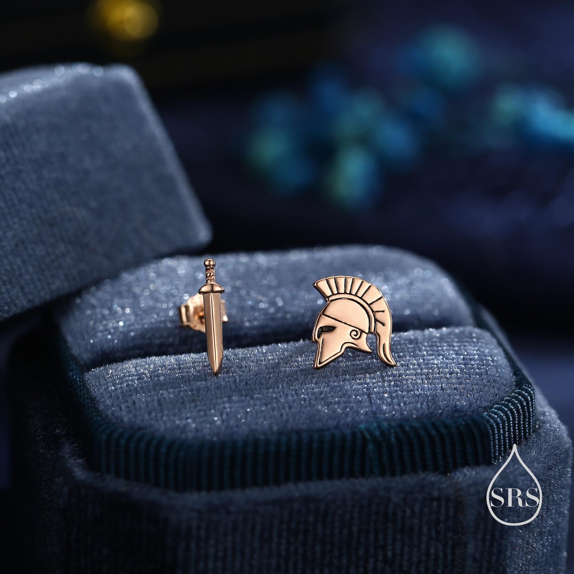 Sterling Silver Mismatched Spartan Helmet and Sword Stud Earrings, Silver or Gold or Rose Gold, Minimalist Asymmetric Roman Warrior Design
