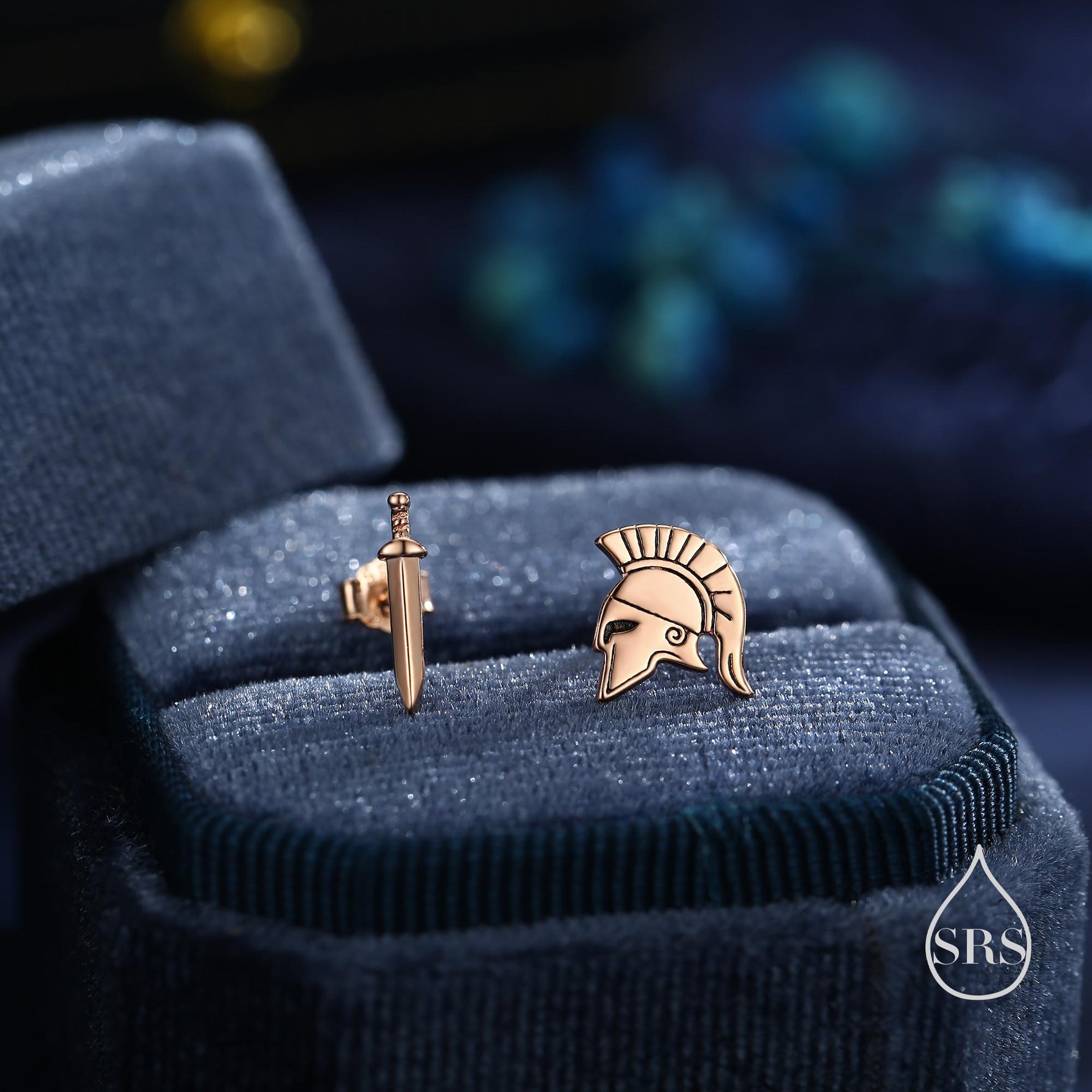 Sterling Silver Mismatched Spartan Helmet and Sword Stud Earrings, Silver or Gold or Rose Gold, Minimalist Asymmetric Roman Warrior Design