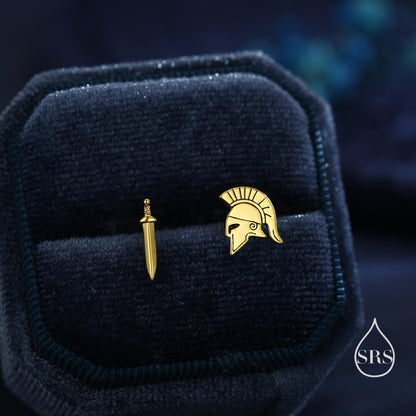 Sterling Silver Mismatched Spartan Helmet and Sword Stud Earrings, Silver or Gold or Rose Gold, Minimalist Asymmetric Roman Warrior Design