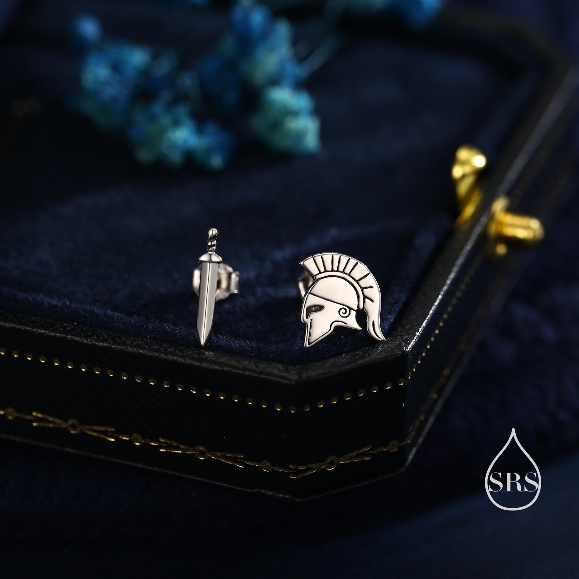 Sterling Silver Mismatched Spartan Helmet and Sword Stud Earrings, Silver or Gold or Rose Gold, Minimalist Asymmetric Roman Warrior Design