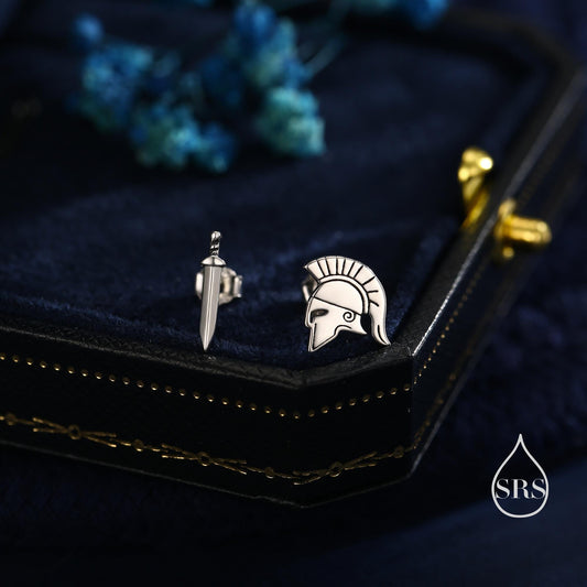 Sterling Silver Mismatched Spartan Helmet and Sword Stud Earrings, Silver or Gold or Rose Gold, Minimalist Asymmetric Roman Warrior Design
