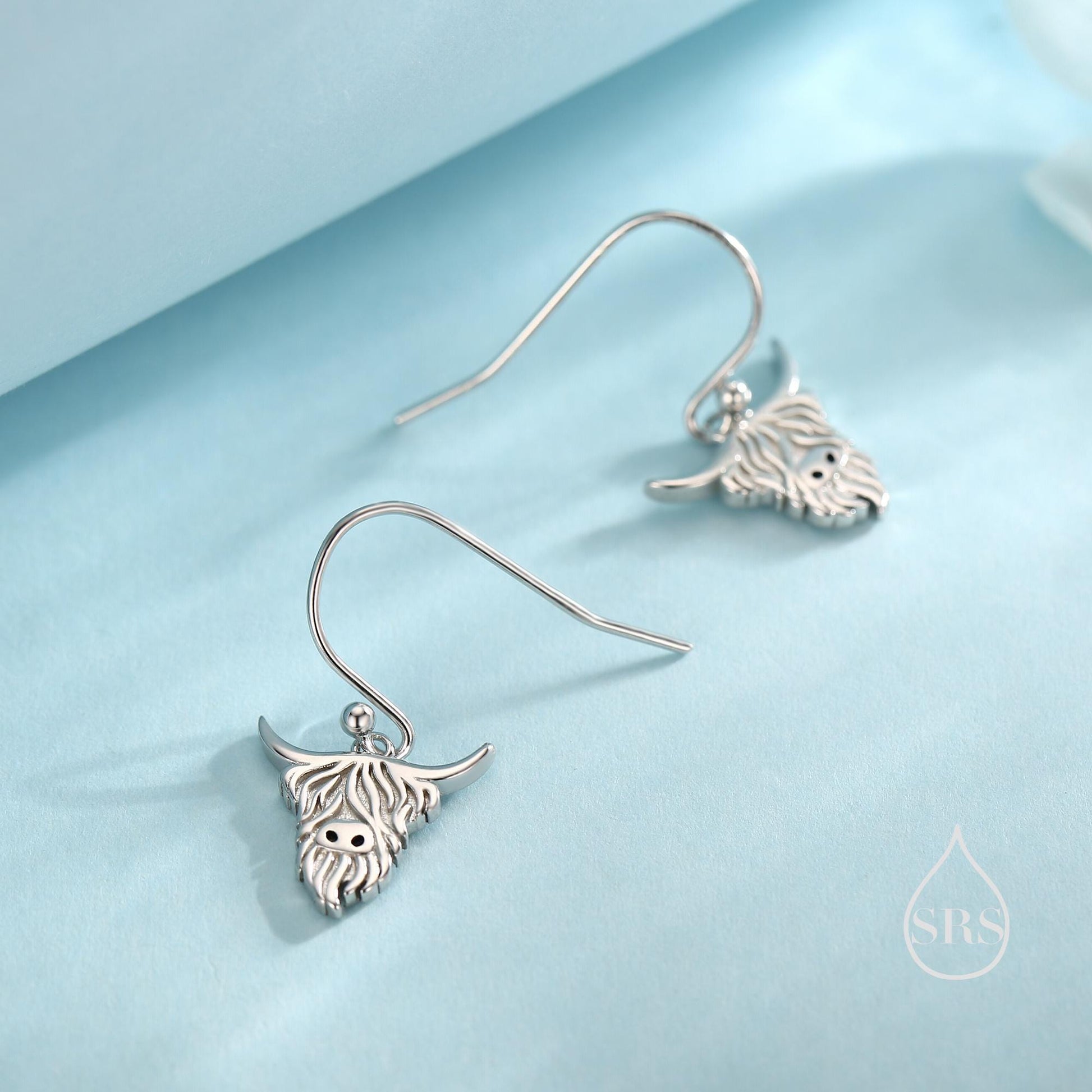 Highland Cow Drop Dangling Earrings in Sterling Silver, Available in Silver, Gold or Rose Gold, Scottish Inspired Highland Cow Hook Earrings