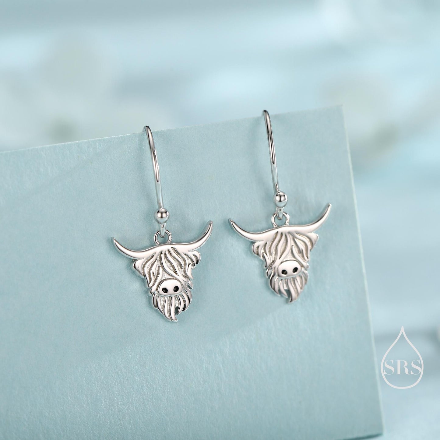 Highland Cow Drop Dangling Earrings in Sterling Silver, Available in Silver, Gold or Rose Gold, Scottish Inspired Highland Cow Hook Earrings