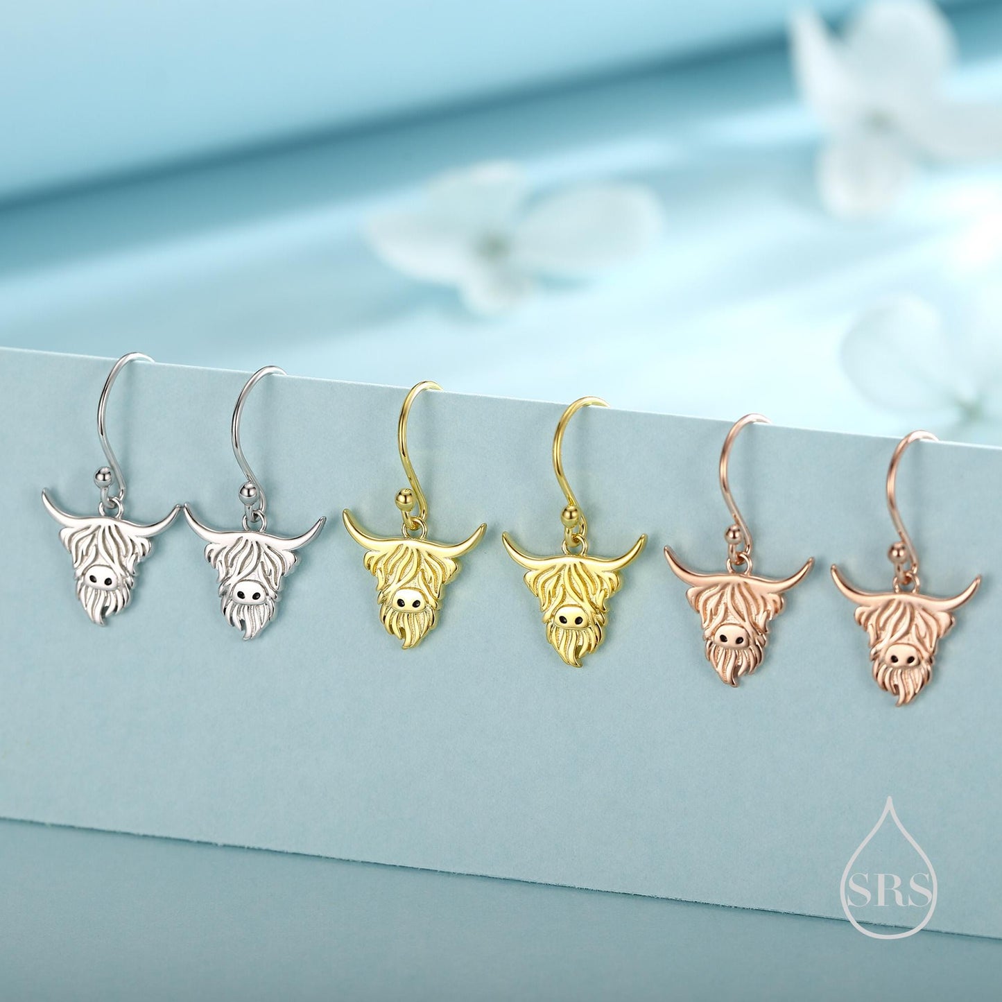 Highland Cow Drop Dangling Earrings in Sterling Silver, Available in Silver, Gold or Rose Gold, Scottish Inspired Highland Cow Hook Earrings