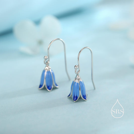 Sterling Silver Enamel Bluebell Flower Drop Dangle Earrings, Dainty Dangle Bluebell Flower Hook Earrings, Snowdrop Earrings, Spring Flowers