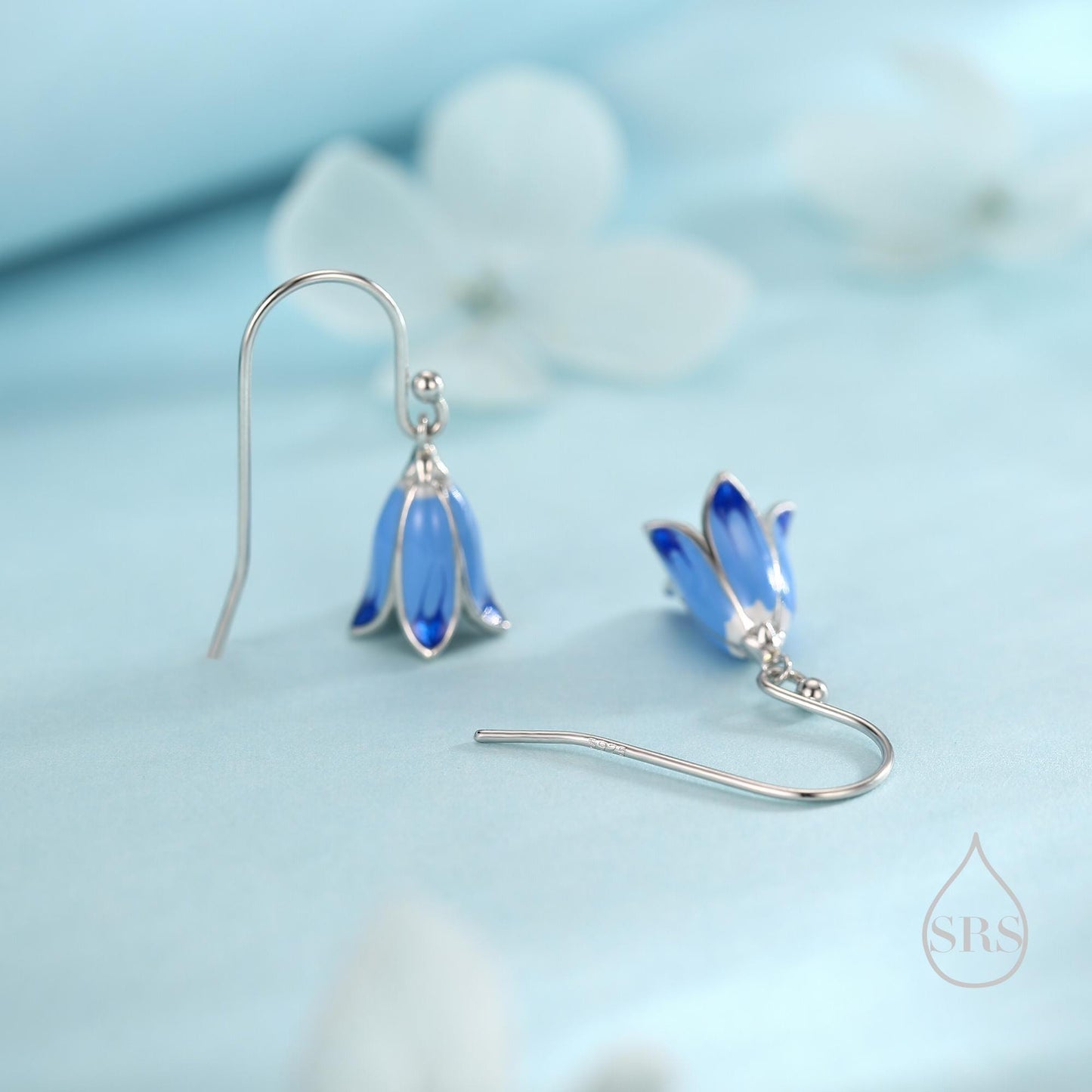 Sterling Silver Enamel Bluebell Flower Drop Dangle Earrings, Dainty Dangle Bluebell Flower Hook Earrings, Snowdrop Earrings, Spring Flowers