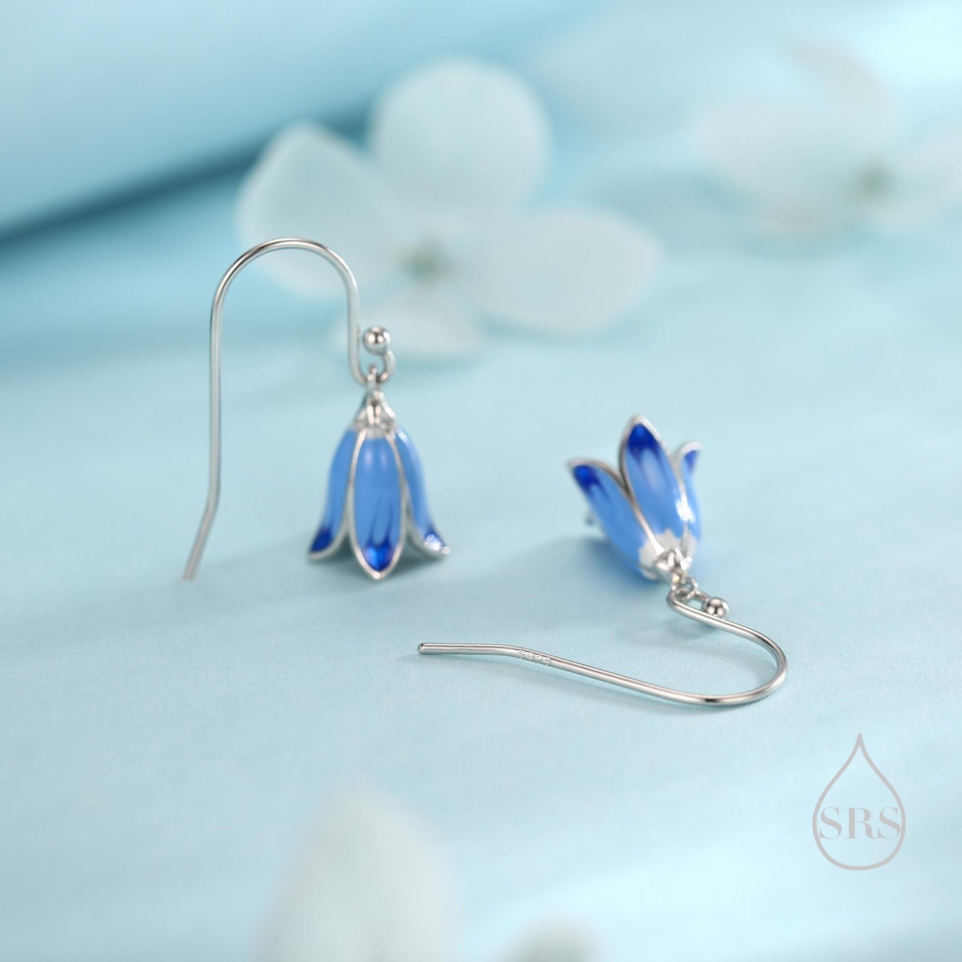 Sterling Silver Enamel Bluebell Flower Drop Dangle Earrings, Dainty Dangle Bluebell Flower Hook Earrings, Snowdrop Earrings, Spring Flowers