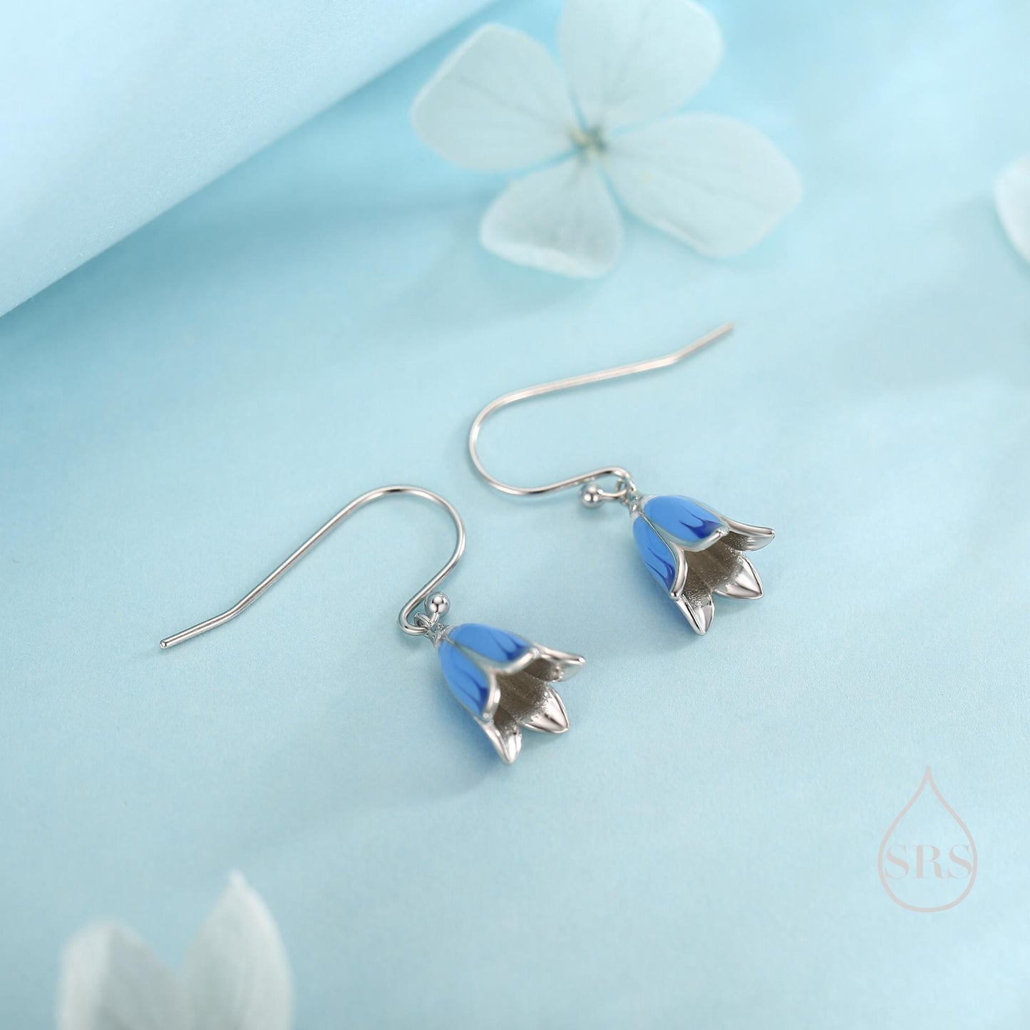 Sterling Silver Enamel Bluebell Flower Drop Dangle Earrings, Dainty Dangle Bluebell Flower Hook Earrings, Snowdrop Earrings, Spring Flowers