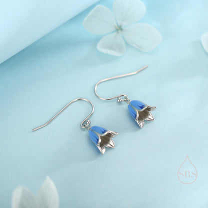 Sterling Silver Enamel Bluebell Flower Drop Dangle Earrings, Dainty Dangle Bluebell Flower Hook Earrings, Snowdrop Earrings, Spring Flowers